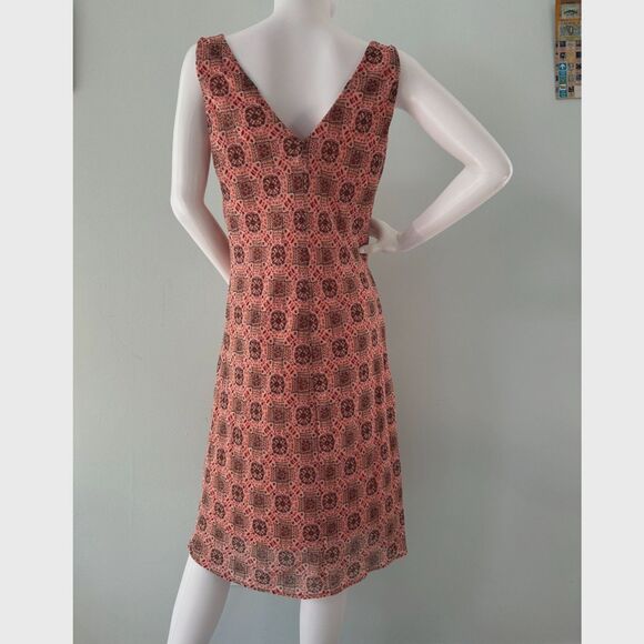 Vintage Y2K Sleeveless Midi Dress Geometric Tile Print Mesh Overlay size 10 - Picture 2 of 7